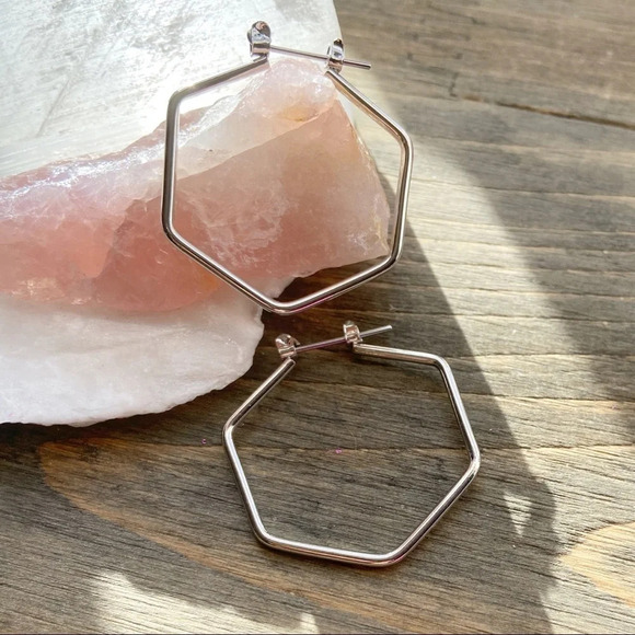 Silver steel hexagonal medium hoops/bohemian/statement/biker/cowgirl/earrings - Picture 1 of 4